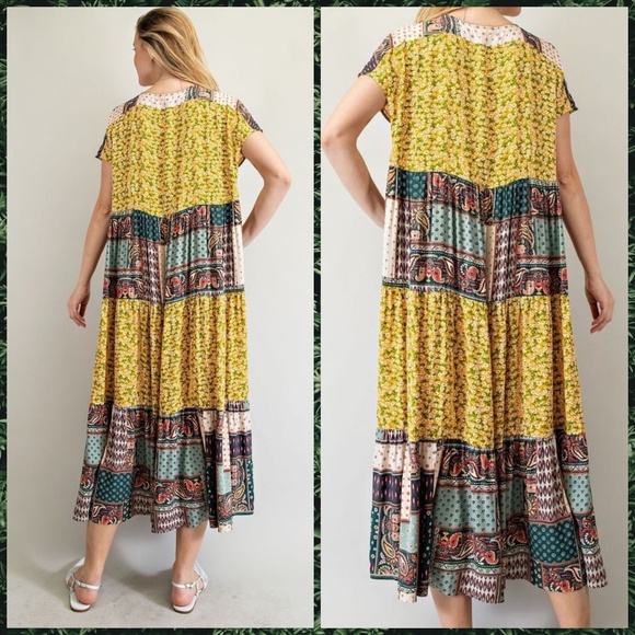 EASEL "Pretty Days" Cottagecore Mix Print Free Flow & Relaxed Pleated Maxi Dress - Picture 2 of 16